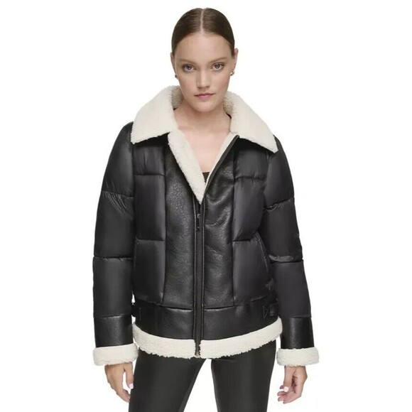 ANDREW MARC SPORT Mixed Puffer Jacket M Faux Leather Sherpa Trim Black NWT A1 - Picture 1 of 6
